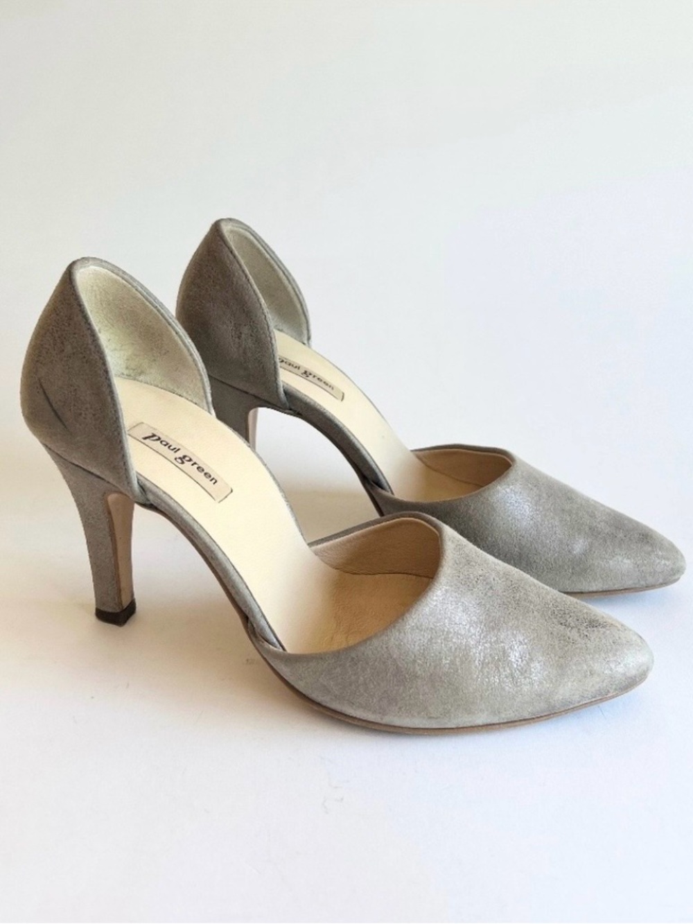 Paul Green Silver Grey Metallic Suede  Leather Almond Toe Heels sizeUK4, US6.5